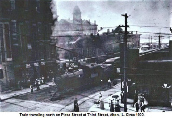 Train on Piasa Street, Alton, Illinois. Circa 1900